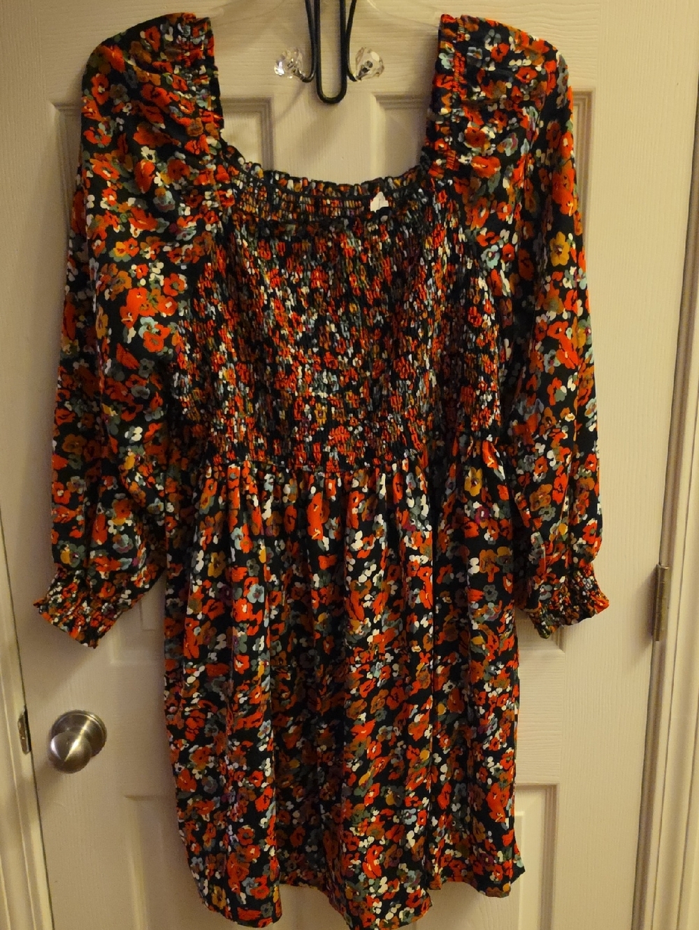 Smocked Floral Long Sleeve Dress in Black & Orange